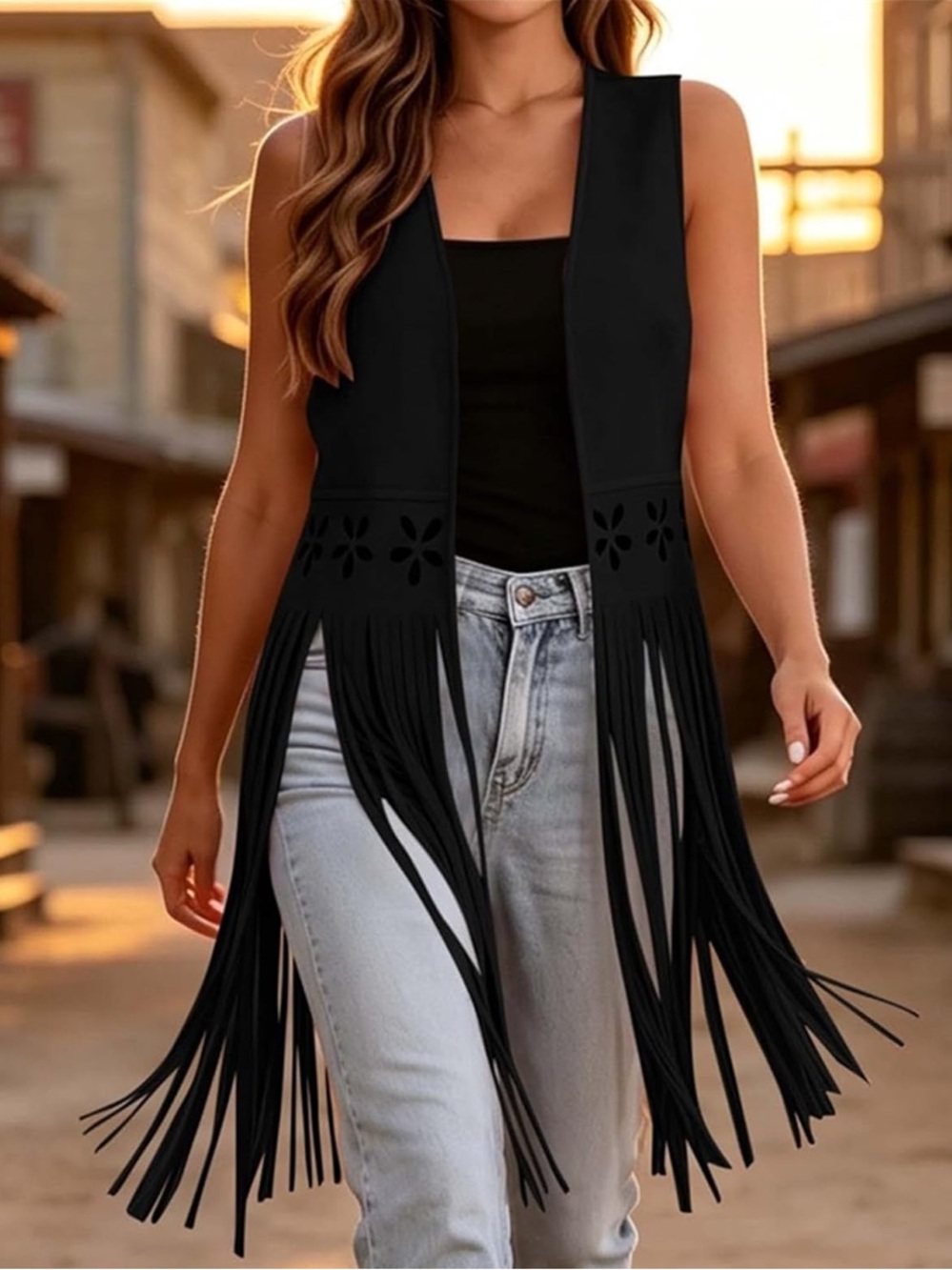 Black Western Fringe Suede Cardigan Vest